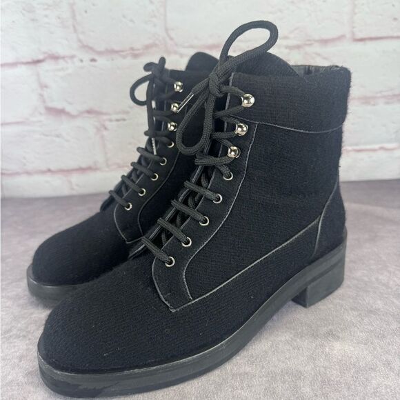 Chanel $1450 Wool Lace Up Black Biker Ankle Boots 9 - Picture 1 of 13
